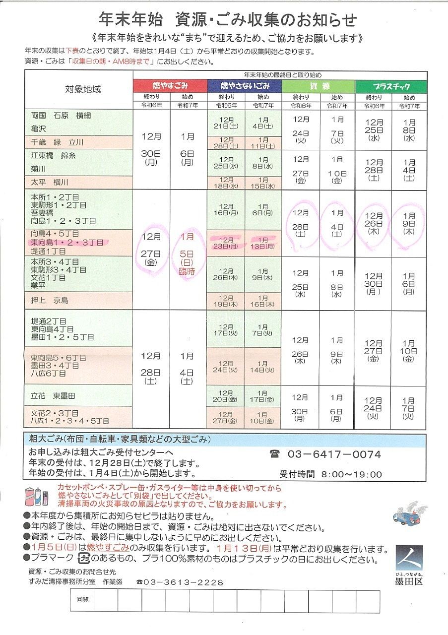 年末年始 資源・ごみ収集のお知らせ／墨田区